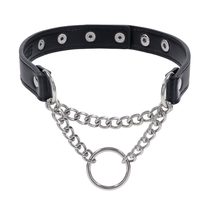 Black leather choker with silver chain and rings on a white background