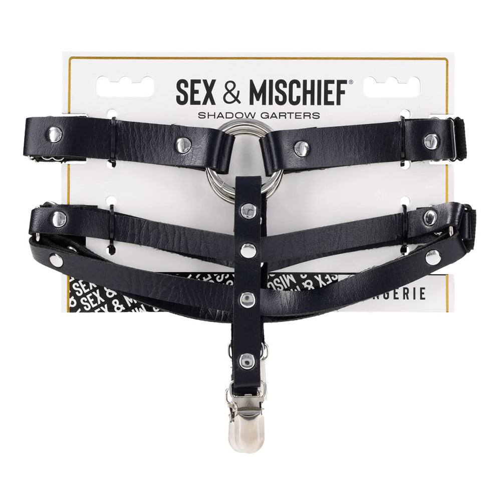 Black garters with silver hardware on a white background, featuring 'Sex & Mischief' branding.