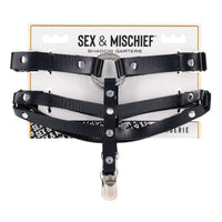 Black garters with silver hardware on a white background, featuring 'Sex & Mischief' branding.