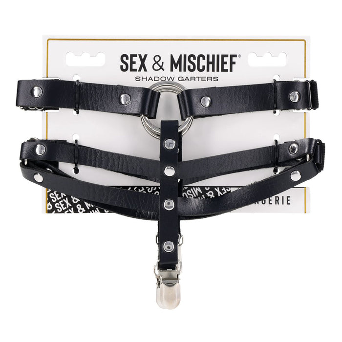 Black garters with silver hardware on a white background, featuring 'Sex & Mischief' branding.