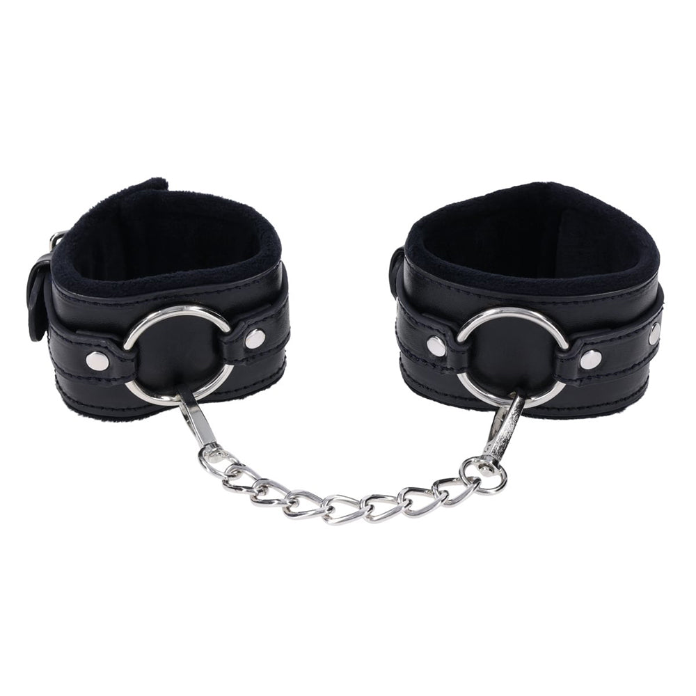 Black leather cuffs with chain on a white background
