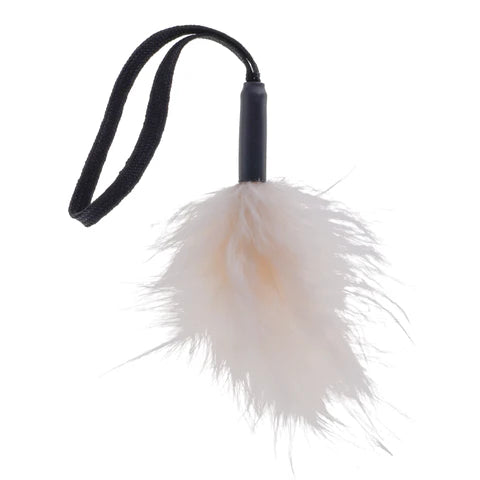 Pink feathered wrist tickler with a black string on a white background