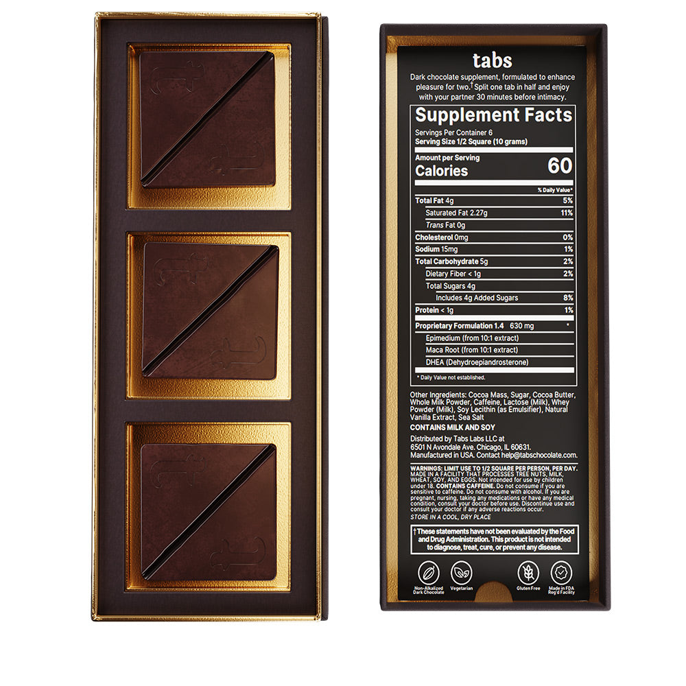 tabs Chocolate packaging with gold accents and supplement facts label on a white background