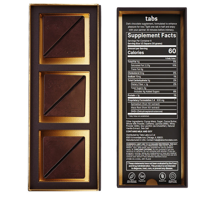tabs Chocolate packaging with gold accents and supplement facts label on a white background