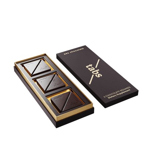 Sex Chocolate aphrodisiac tabs packaging with gold accents on a white background