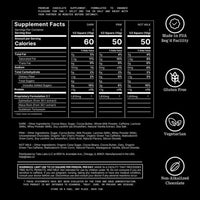Supplement label with nutritional information and product details on a black background