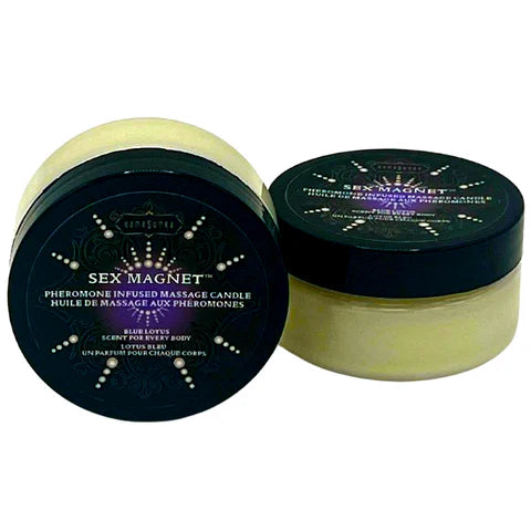 Two containers of Sex Magnet Pheromone Infused Massage Candle on a white background