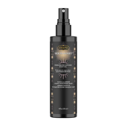 Black bottle of 'Sex Magnet' pheromone-infused body oil vanilla amber on a white background