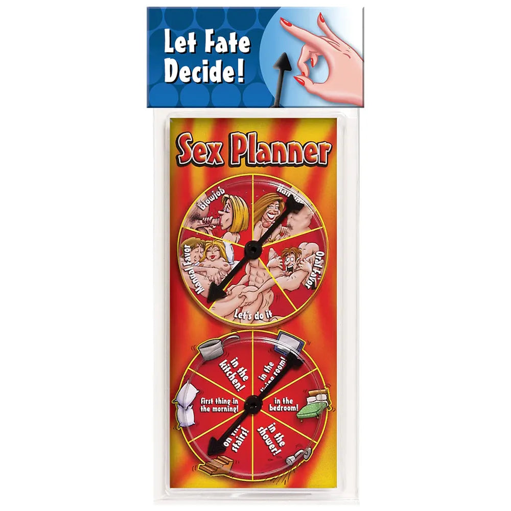 Packaging for 'Sex Planner' featuring a wheel with different actions and positions, with a tagline 'Let Fate Decide!'