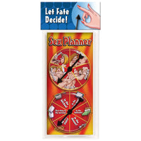 Packaging for 'Sex Planner' featuring a wheel with different actions and positions, with a tagline 'Let Fate Decide!'