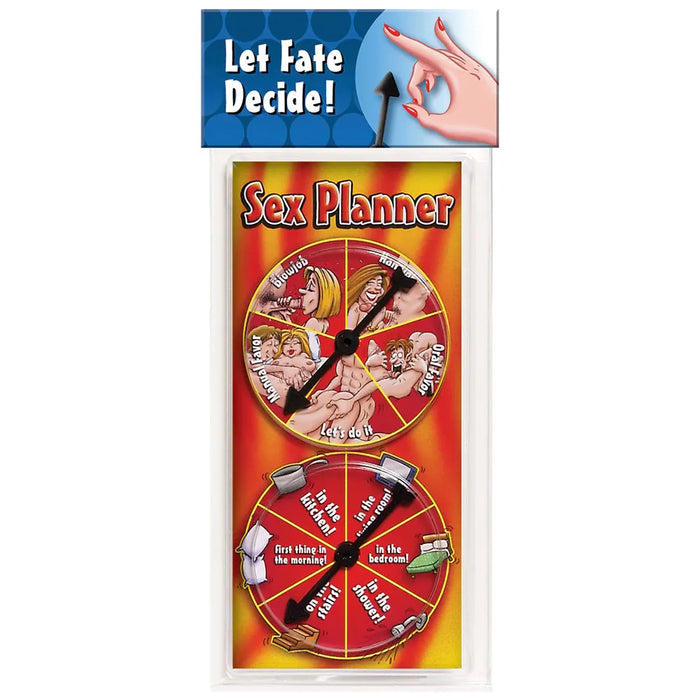 Packaging for 'Sex Planner' featuring a wheel with different actions and positions, with a tagline 'Let Fate Decide!'
