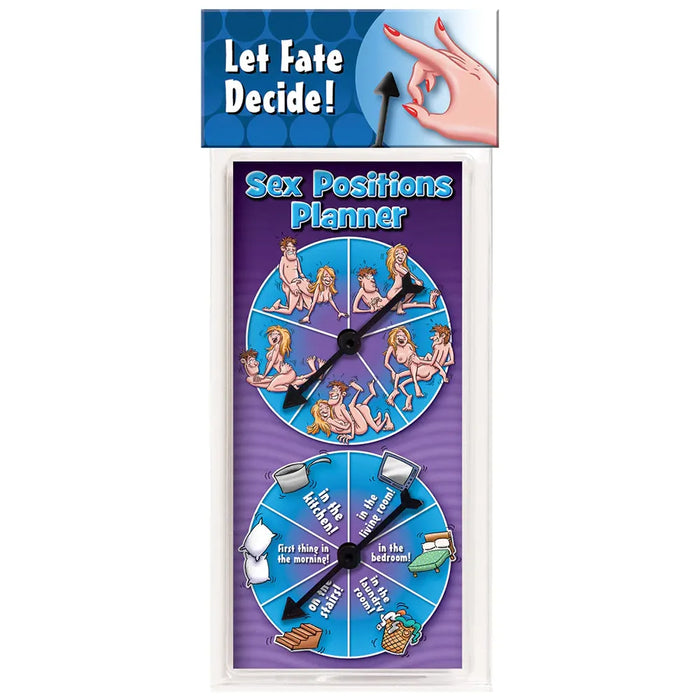The product image shows a Sex Positions Planner by Ozze Creations, packaged in a clear plastic box. The planner features a wheel with different sections, each indicating a type of position (e.