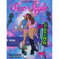 The cover of the 'Sex Style Coloring Book' featuring an illustration of a person in a pink outfit sitting in an convertible car with an open top, with palm trees and a neon sign in the background.