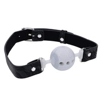 Black leather ball gag with a white ball on a white background