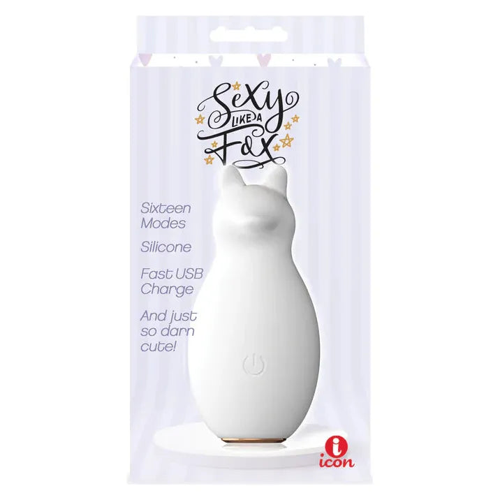 fox shaped vibrating clitoral stimulator in white on box packaging
