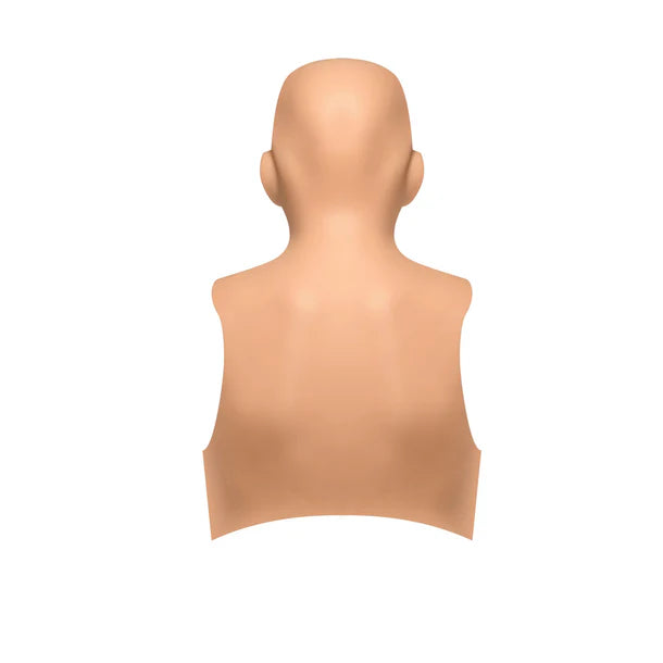 Realistic silicone female torso on a white background