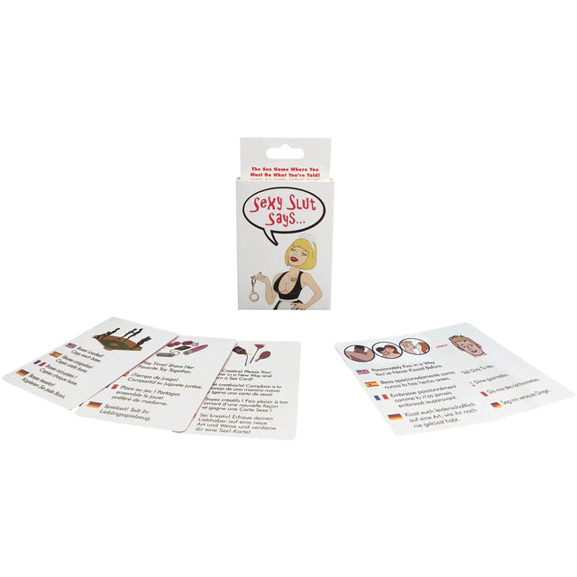 The image shows the product "Sexy Slut Says Game" by Kheper Games, which includes several cards with text on them, and the packaging with the game's title and a brief description.
