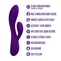 Purple G-spot stimulator with features listed on a white background