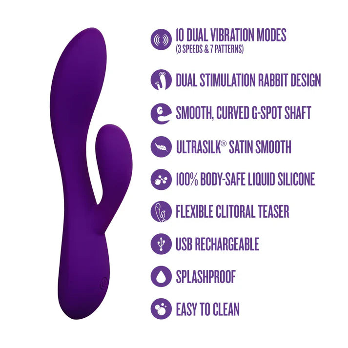 Purple G-spot stimulator with features listed on a white background
