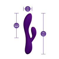 Purple sexy things fever dream rabbit vibrator with measurements on a white background