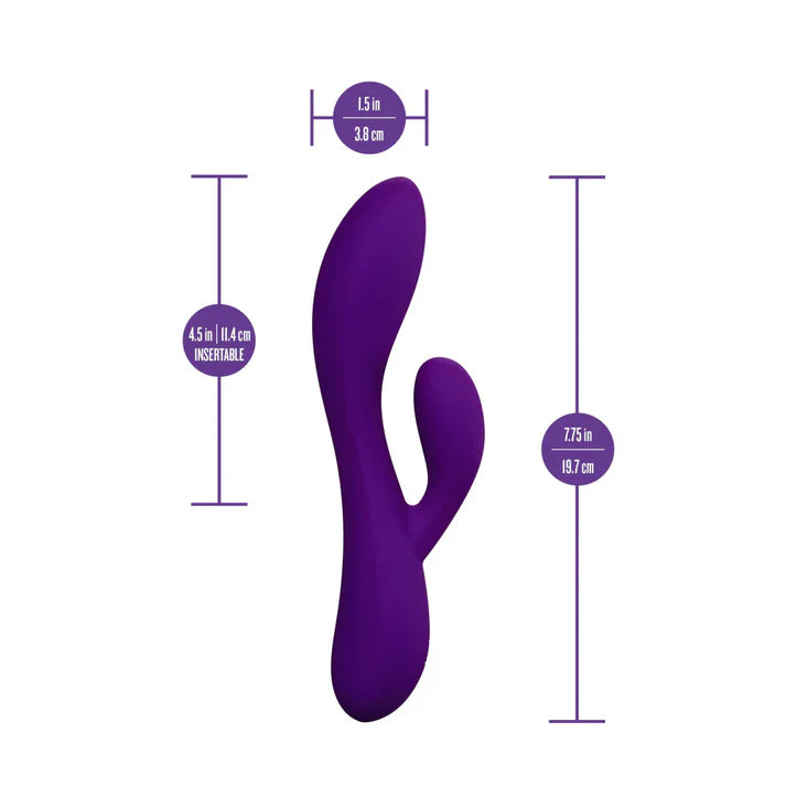 Purple sexy things fever dream rabbit vibrator with measurements on a white background