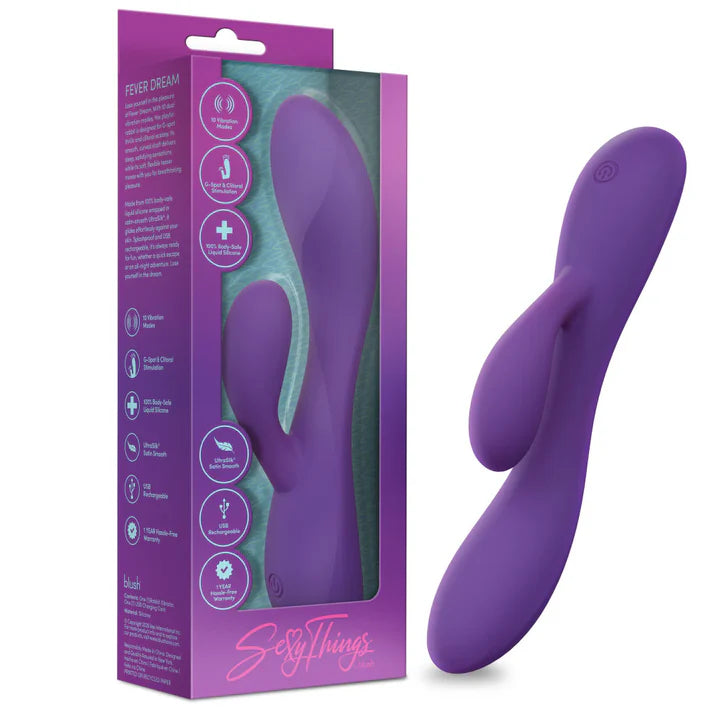 Purple sexy things fever dream rabbit vibrator with packaging on a white background