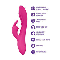 Pink sexy things wild rabbit vibrator with purple feature list on a white background