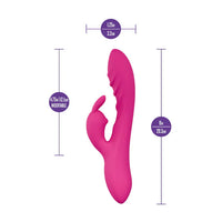 Pink silicone sexy things wild rabbit vibrator with measurements on a white background