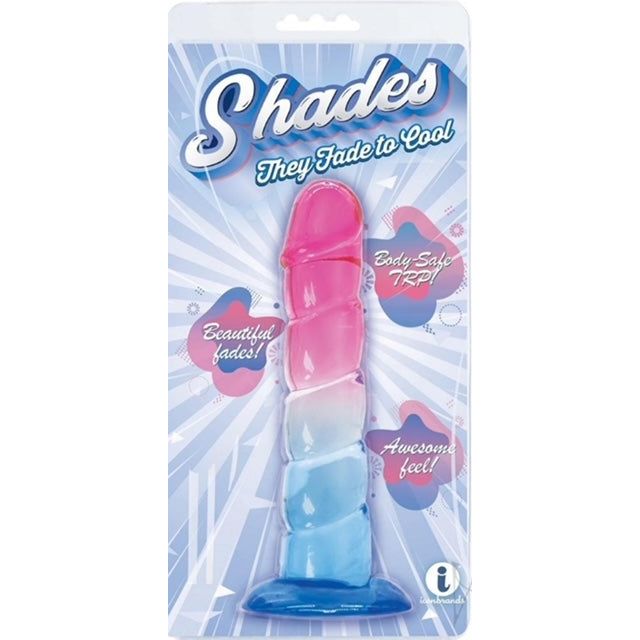 multi colored ridged dildo with suction cup base and penis shaped head