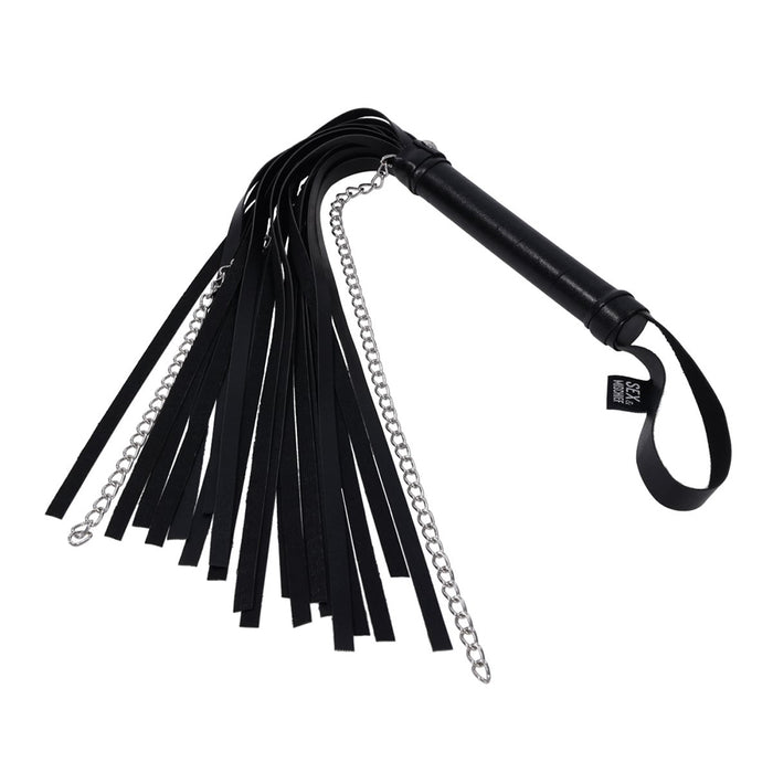 Black leather whip with chain on a white background