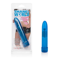 a sleek glittery blue vibrator that is transparent enough to see the internal motor, shown next to its plastic packaging