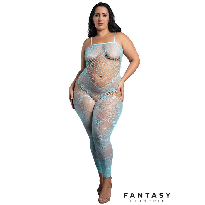 Woman wearing a light blue lace bodystocking with 'Fantasy Lingerie' branding.