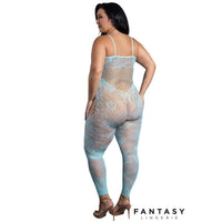 Woman wearing a fishnet bodysuit with 'Fantasy Lingerie' branding on a white background