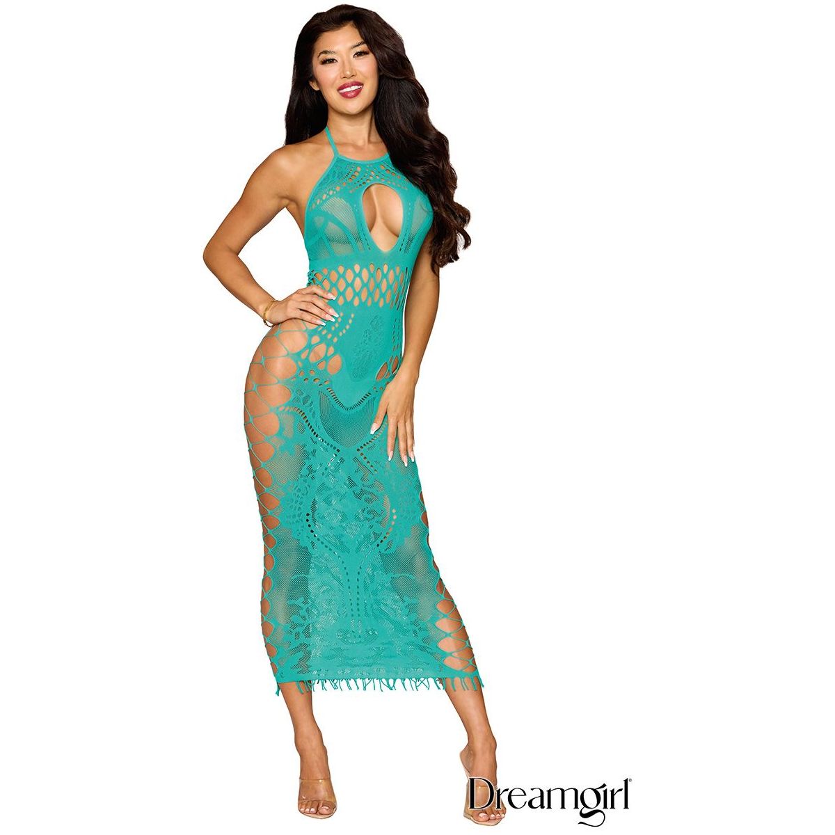 brunette female wearing Seamless net gown with an intricate knit design, strappy fixed elastic sides, a halter tie-neck neckline and a fringe hem. front view