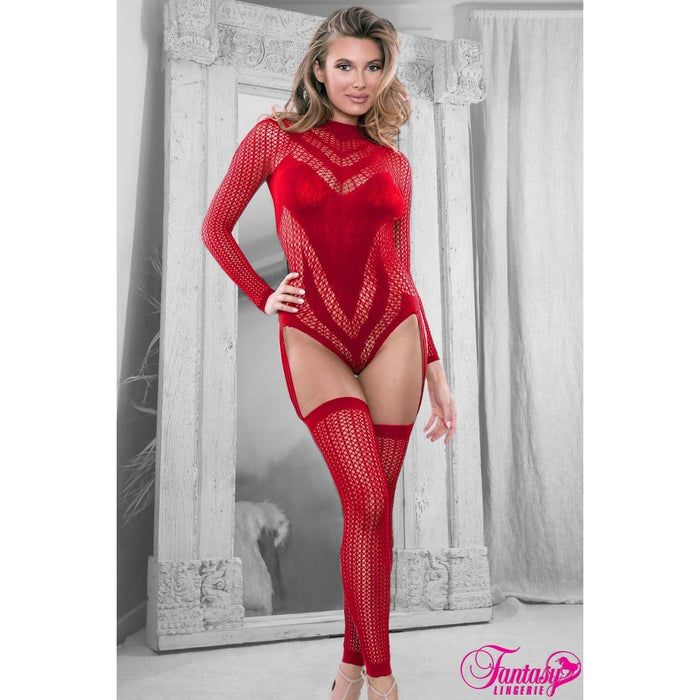 blonde female standing in front of mirror with long sleeve red teddy bodystocking front view