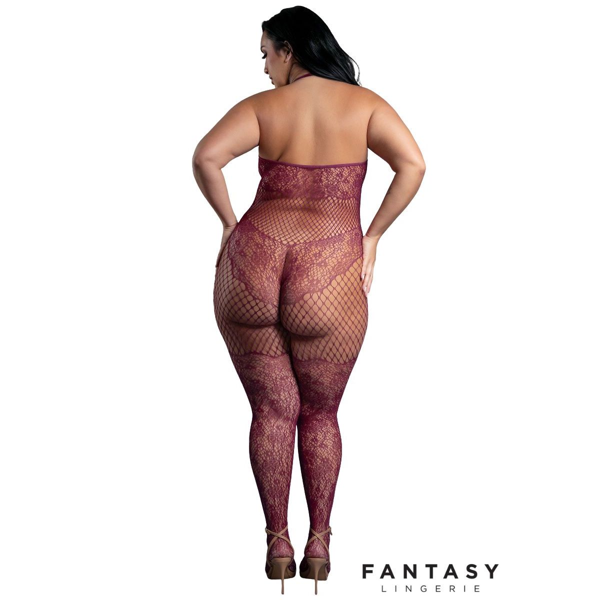 Person wearing a fishnet bodystocking with 'Fantasy Lingerie' branding.