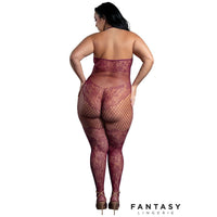 Person wearing a fishnet bodystocking with 'Fantasy Lingerie' branding.