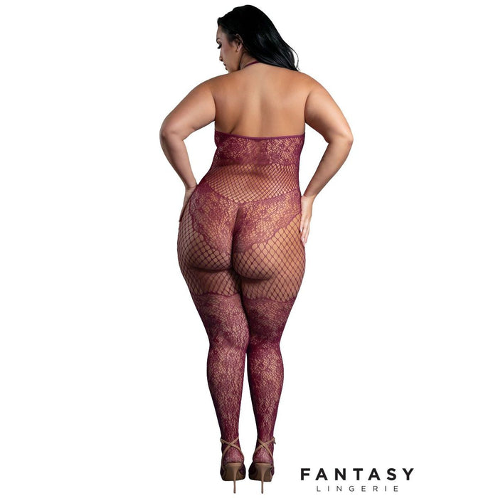 Person wearing a fishnet bodystocking with 'Fantasy Lingerie' branding.