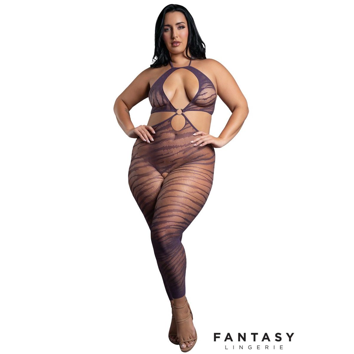 Woman wearing a sheer bodysuit with 'Fantasy Lingerie' branding on a white background