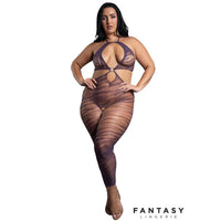 Woman wearing a sheer bodysuit with 'Fantasy Lingerie' branding on a white background
