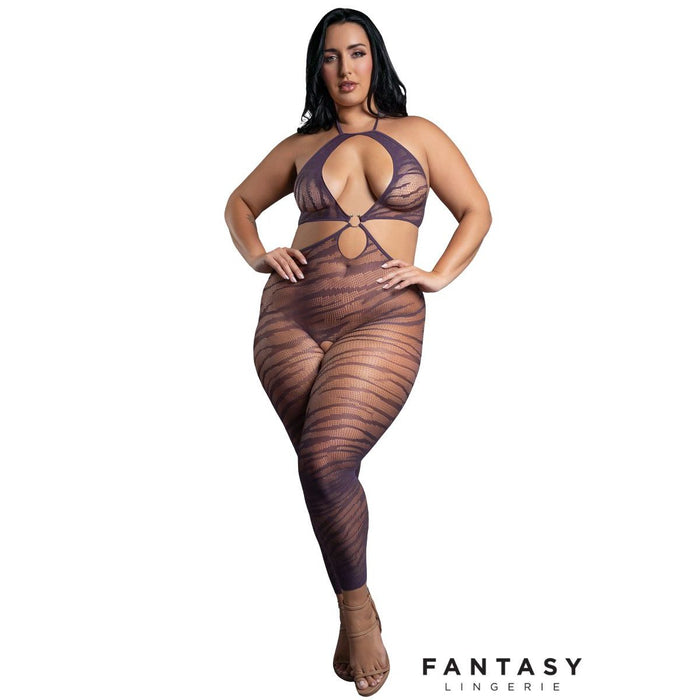 Woman wearing a sheer bodysuit with 'Fantasy Lingerie' branding on a white background