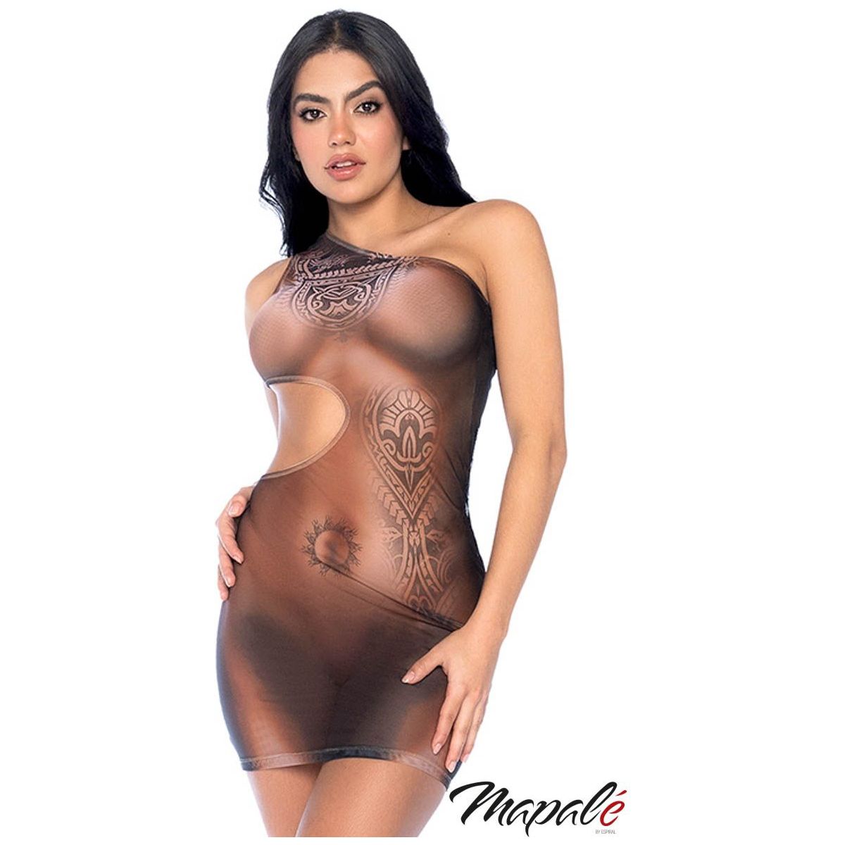 Sheer nude mesh dress with a thick fixed asymmetric strap, a round side cutout and colorful tattoo prints, front view