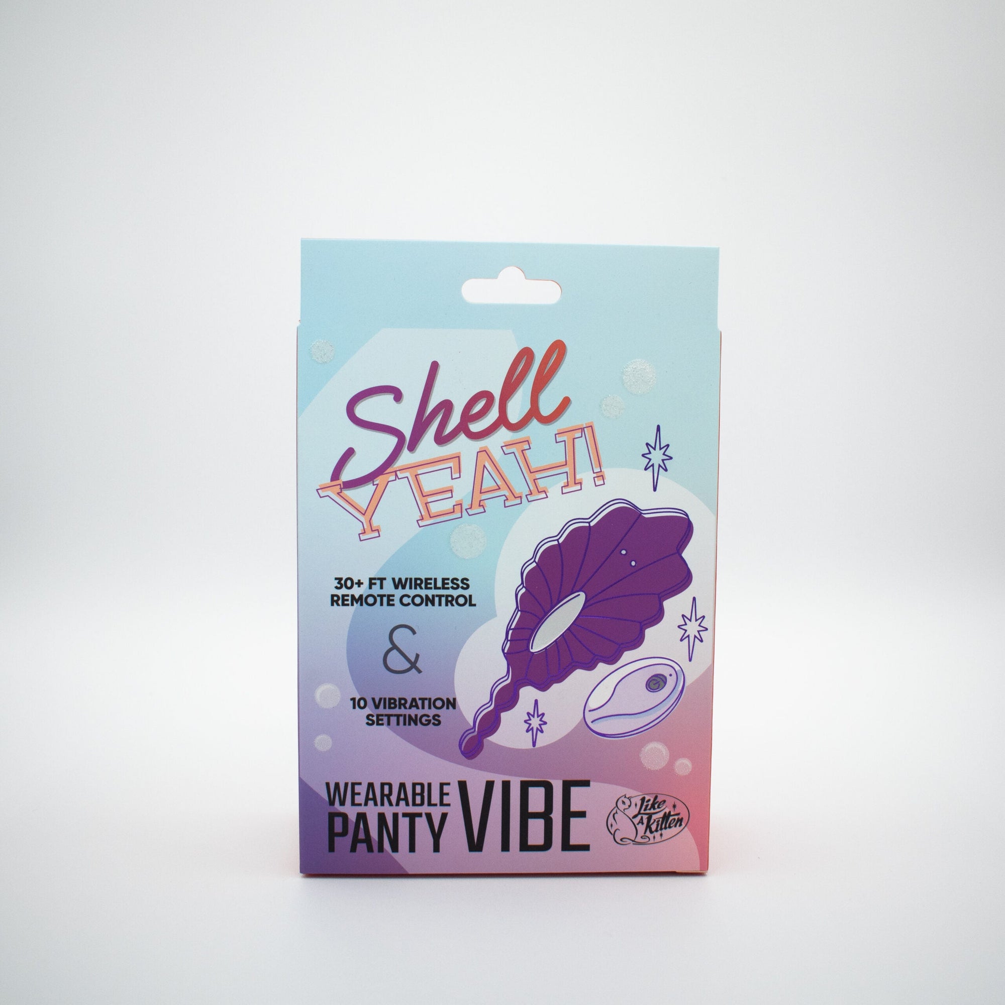 Packaging of a wearable panty vibe with 'Shell Yeah!' text on a light blue background.