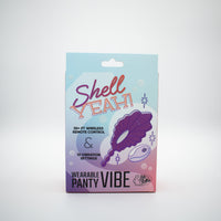 Packaging of a wearable panty vibe with 'Shell Yeah!' text on a light blue background.
