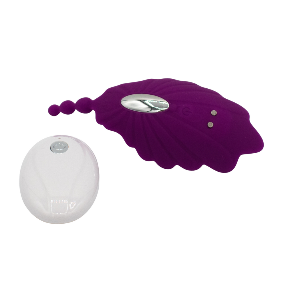 Purple and white shell panty vibe on a white background