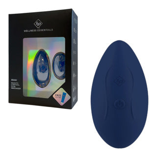 Blue oval massager with packaging labeled 'Wellness Essentials' on a white background