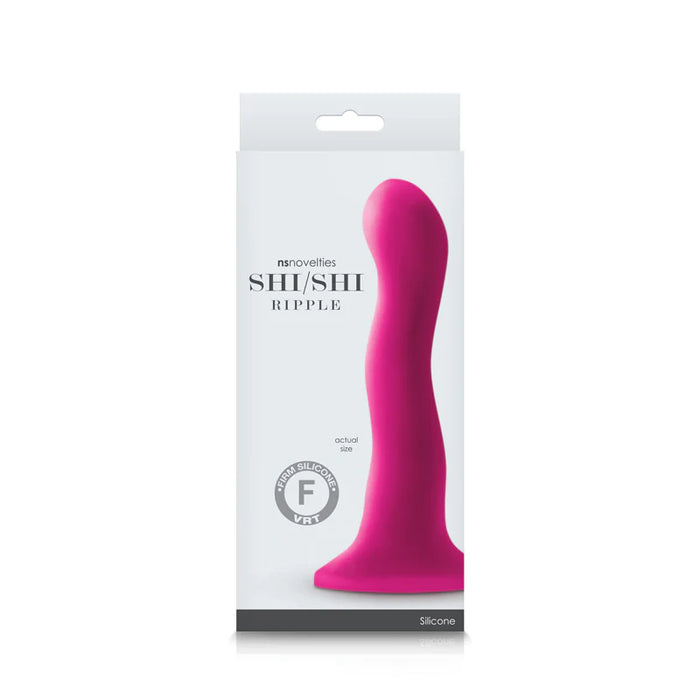 a white box depicting a pink ripple dildo with a suction cup base