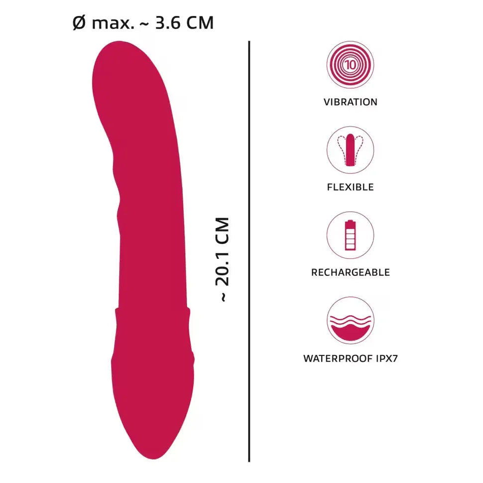 pink shower to orgasm vibrator with specifications on a white background