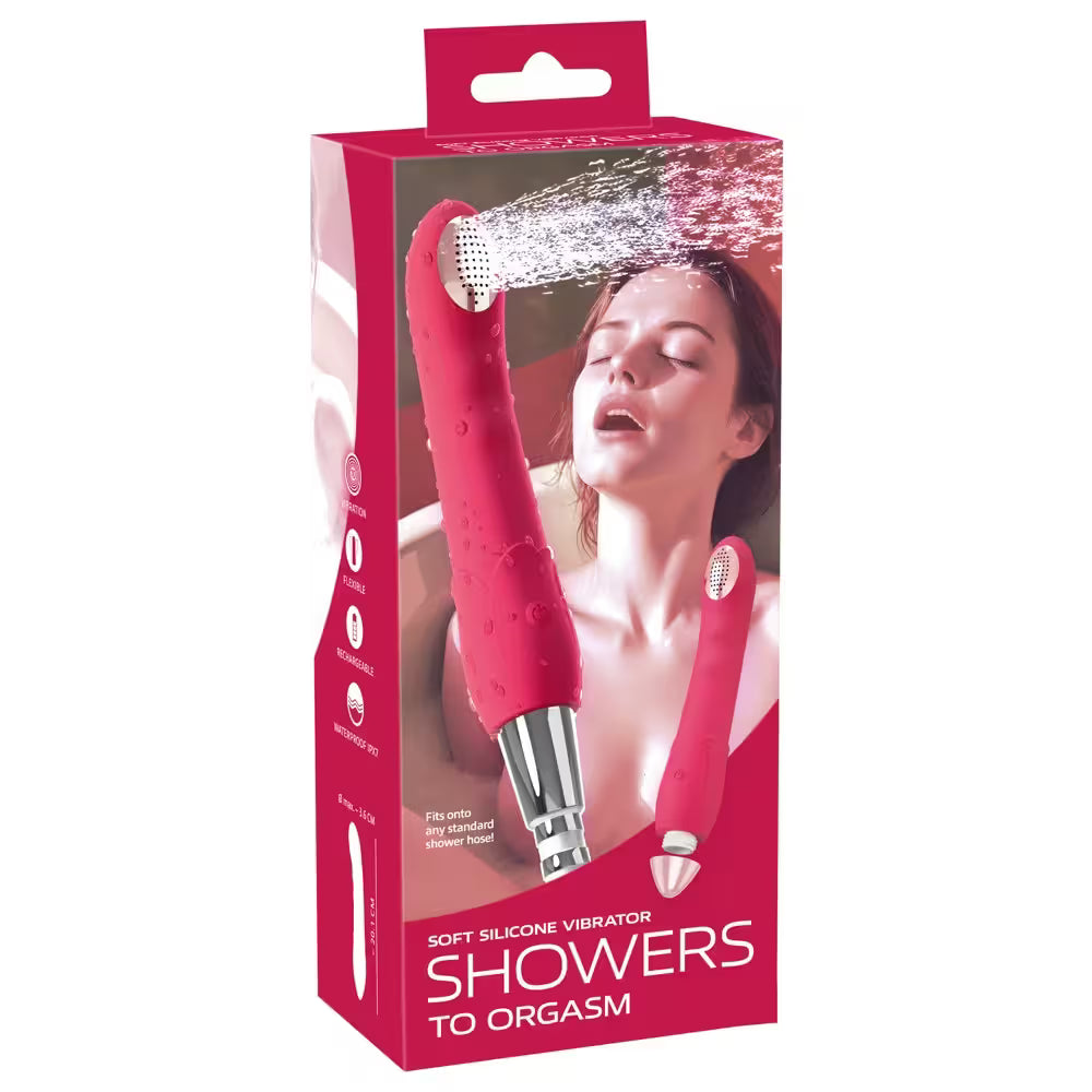 Product packaging of a soft silicone vibrator with a woman using it in the shower on a white background.