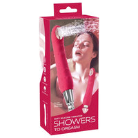 Product packaging of a soft silicone vibrator with a woman using it in the shower on a white background.
